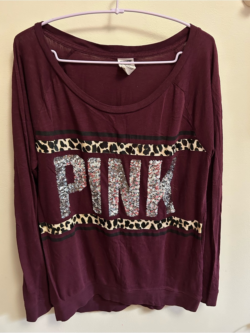 PINK Victoria's Secret Burgundy Long-Sleeve Sequin Logo Tee with Leopard Trim